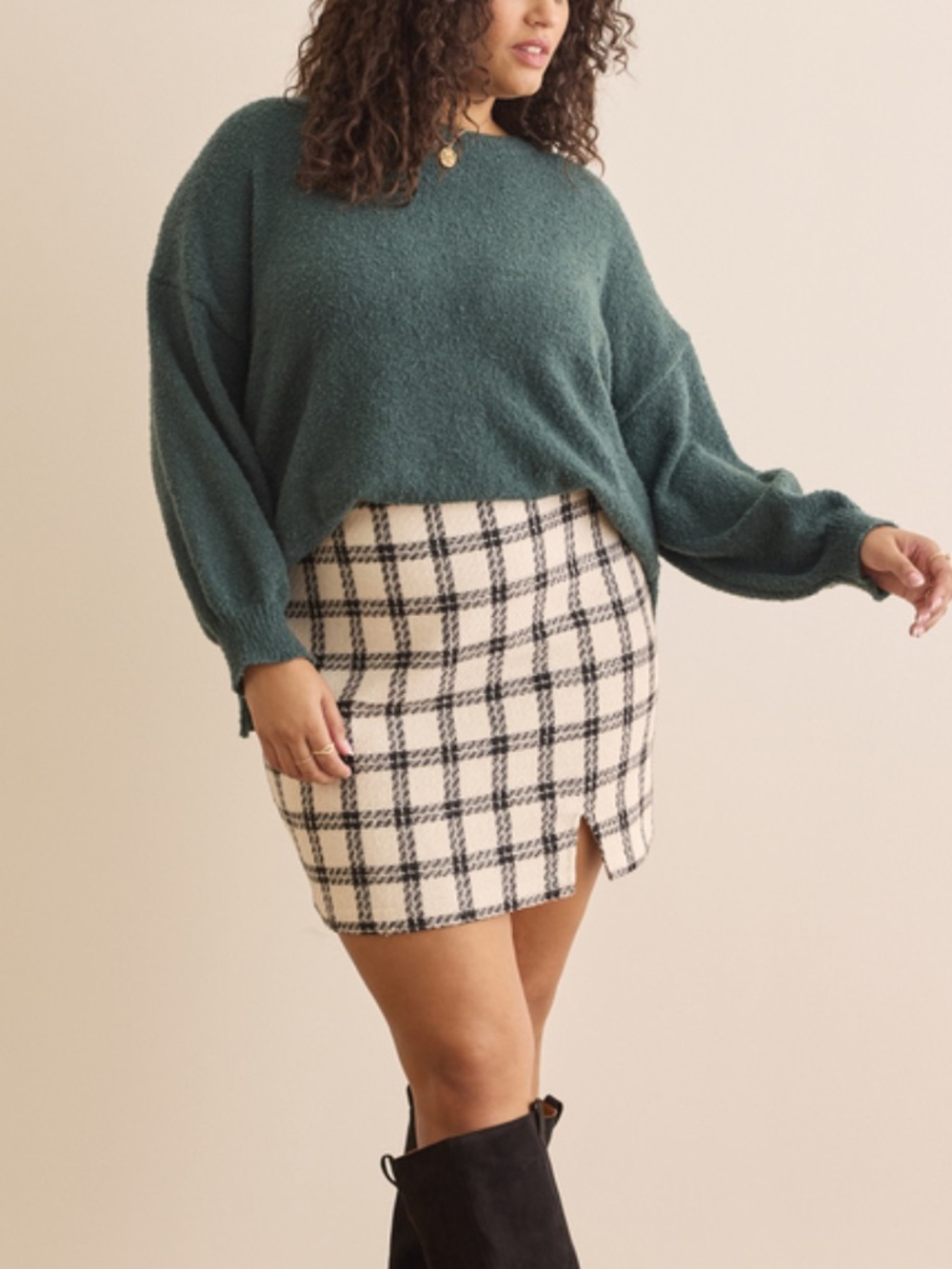 Arula Berkeley Plaid Tweed Mini Skirt Slit Ivory Black Plus Size 0X Preppy NWT